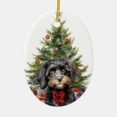 Cute Red Bow Black Tan Cavapoo Dog Christmas Keramisch Ornament (Voorkant)