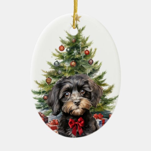 Cute Red Bow Black Tan Cavapoo Dog Christmas Keramisch Ornament (Voorkant)