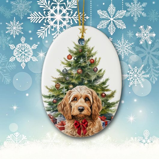 Cute Red Bow Cockapoo Dog Christmas Keramisch Ornament
