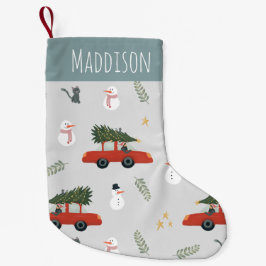 Cute Red Car en Snowman Winter Holiday Tree Kinder Kleine Kerstsok