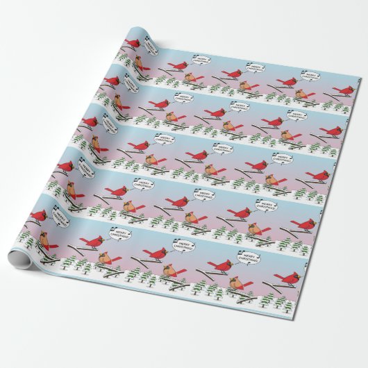 Cute Red Cardinaal Singing Merry Kerstmis Cadeaupapier (Uitgerold)