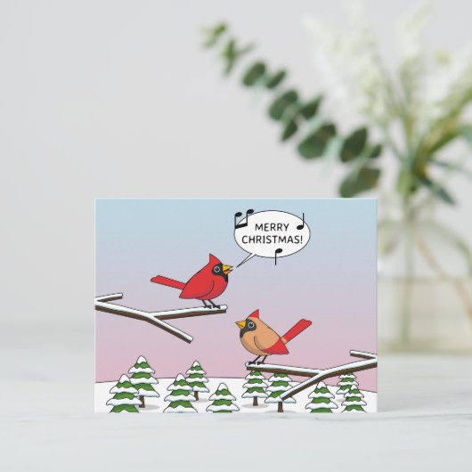 Cute Red Cardinaal Singing Merry Kerstmis Feestdagenkaart (Staand voorkant)