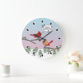 Cute Red Cardinaal Singing Merry Kerstmis Grote Klok (Huis)