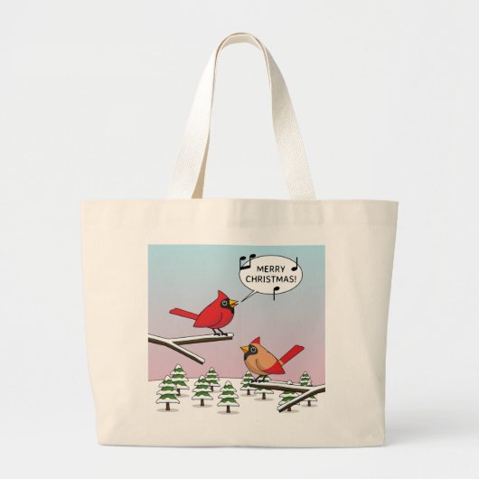 Cute Red Cardinaal Singing Merry Kerstmis Grote Tote Bag (Voorkant)