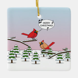 Cute Red Cardinaal Singing Merry Kerstmis Keramisch Ornament