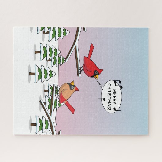 Cute Red Cardinaal Singing Merry Kerstmis Legpuzzel (Horizontaal)