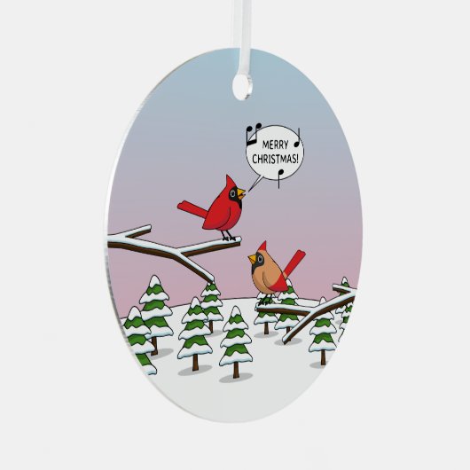Cute Red Cardinaal Singing Merry Kerstmis Metalen Ornament (Voorkant Rechts)