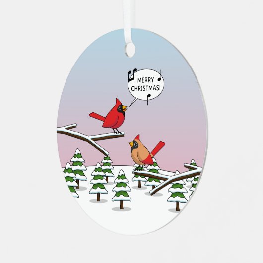 Cute Red Cardinaal Singing Merry Kerstmis Metalen Ornament (Voorkant links)