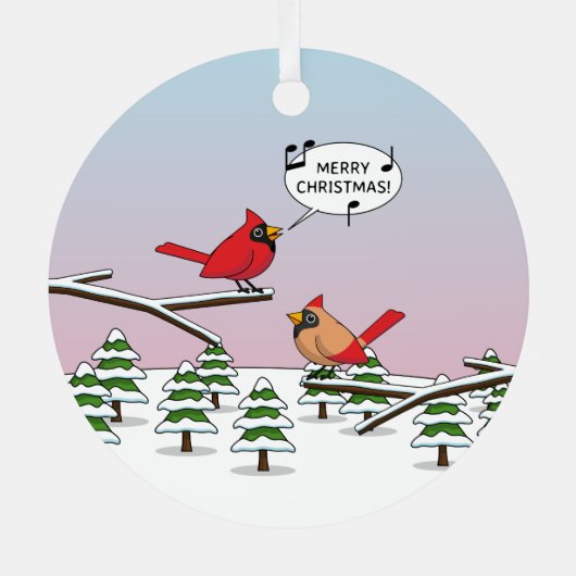 Cute Red Cardinaal Singing Merry Kerstmis Metalen Ornament (Achterkant)