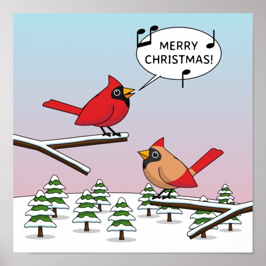 Cute Red Cardinaal Singing Merry Kerstmis Poster (Voorkant)