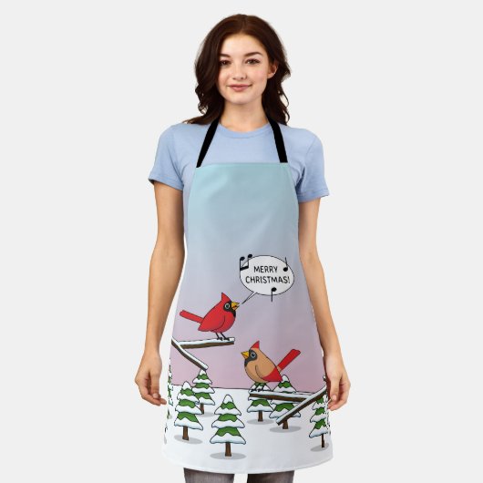 Cute Red Cardinaal Singing Merry Kerstmis Schort (Gedragen)