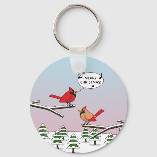 Cute Red Cardinaal Singing Merry Kerstmis Sleutelhanger (Voorkant)