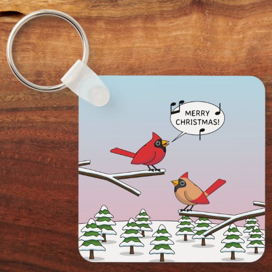 Cute Red Cardinaal Singing Merry Kerstmis Sleutelhanger (Voorkant)