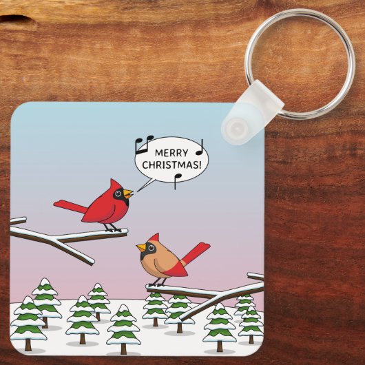 Cute Red Cardinaal Singing Merry Kerstmis Sleutelhanger (Achterkant)
