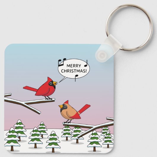 Cute Red Cardinaal Singing Merry Kerstmis Sleutelhanger (Achterkant)