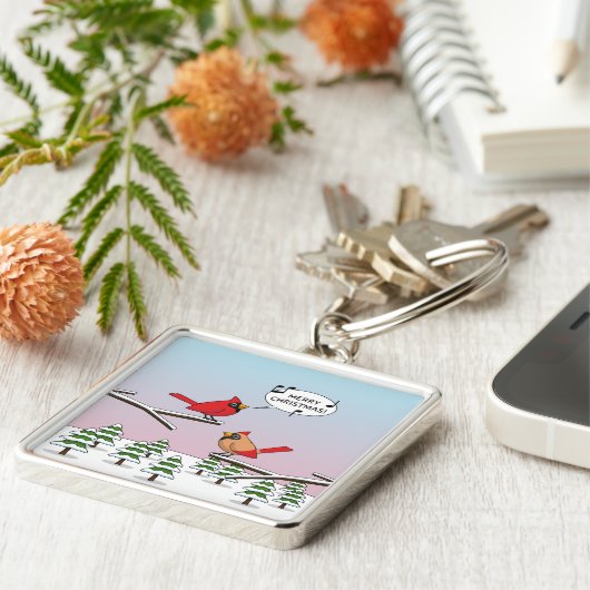 Cute Red Cardinaal Singing Merry Kerstmis Sleutelhanger (Zijkant)