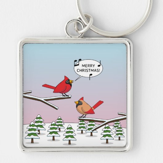 Cute Red Cardinaal Singing Merry Kerstmis Sleutelhanger (Voorkant)