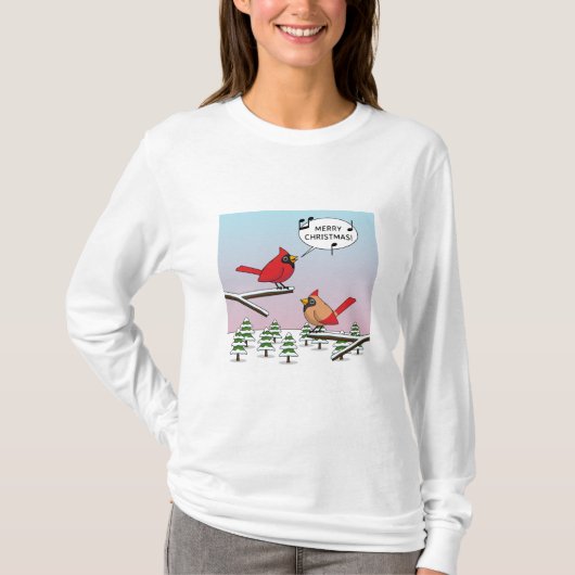 Cute Red Cardinaal Singing Merry Kerstmis T-shirt (Voorkant)
