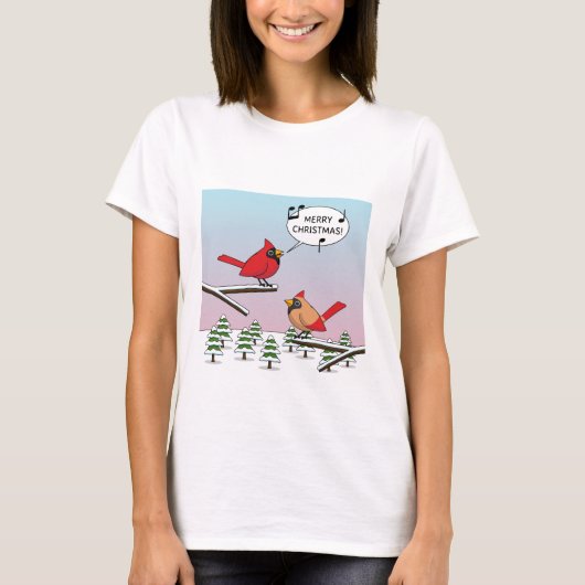 Cute Red Cardinaal Singing Merry Kerstmis T-shirt (Voorkant)