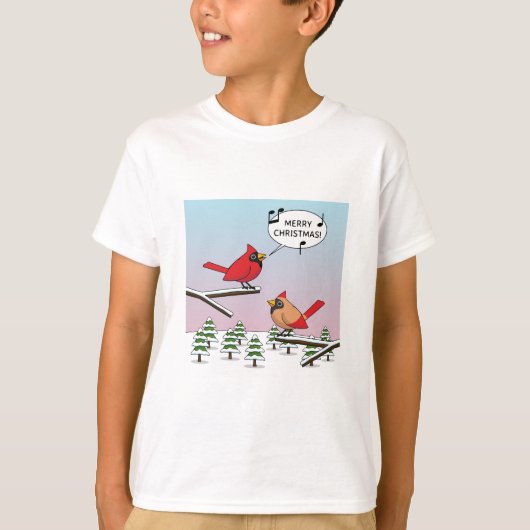 Cute Red Cardinaal Singing Merry Kerstmis T-shirt (Voorkant)