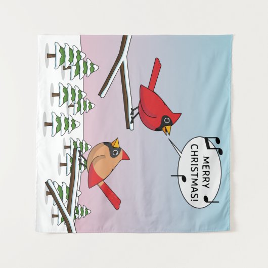 Cute Red Cardinaal Singing Merry Kerstmis Wandkleed (Voorkant (horizontaal))