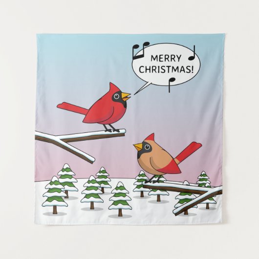 Cute Red Cardinaal Singing Merry Kerstmis Wandkleed (Voorkant)