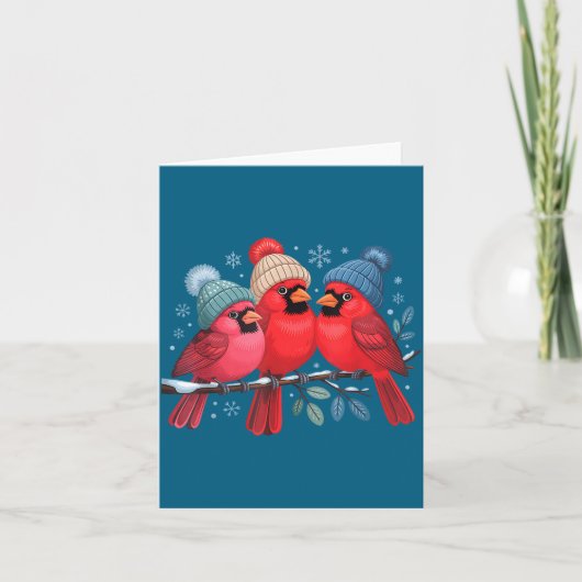 Cute Red Cardinals With Knitted Hats Winter Bird A Kaart (Voorkant)