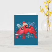 Cute Red Cardinals With Knitted Hats Winter Bird A Kaart (Gele Bloem)