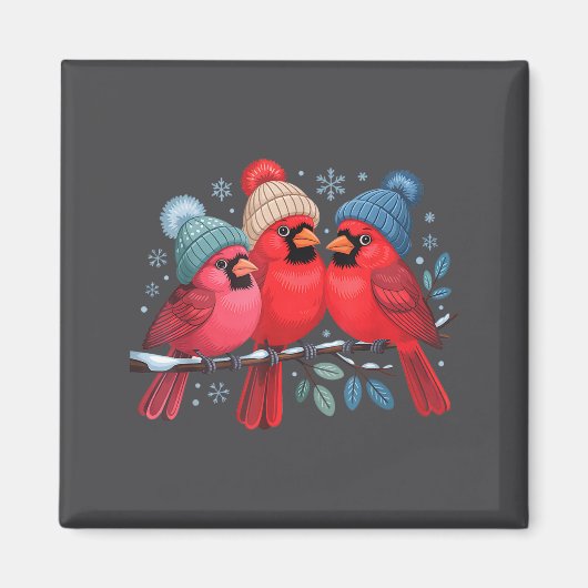 Cute Red Cardinals With Knitted Hats Winter Bird A Magneet (Voorkant)