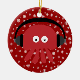 Cute Red Cartoon DJ Jellyfish & Snowflakes Keramisch Ornament