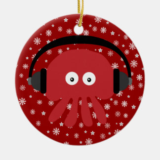 Cute Red Cartoon DJ Jellyfish & Snowflakes Keramisch Ornament
