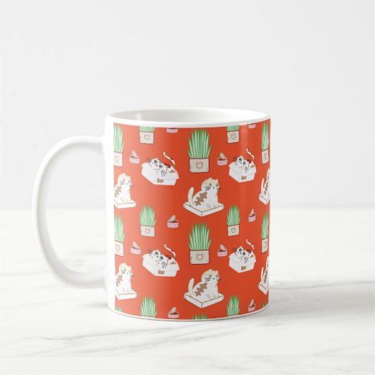 Cute Red Cat en Grass Pattern | Dat katteleven Koffiemok (Links)
