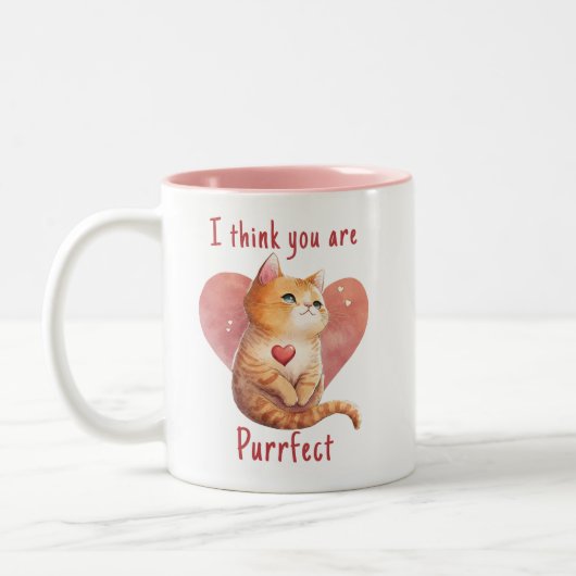Cute red cat love pun leuke Valentijn Tweekleurige Koffiemok (Links)