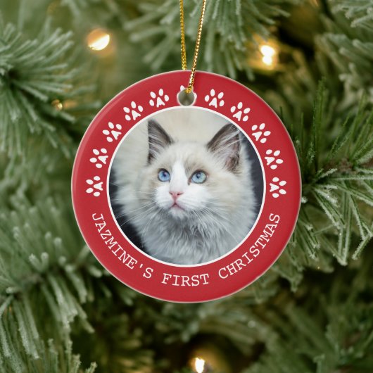 Cute Red Cat Paw Drukt Lijst kerstmis Keramisch Ornament (Boom)