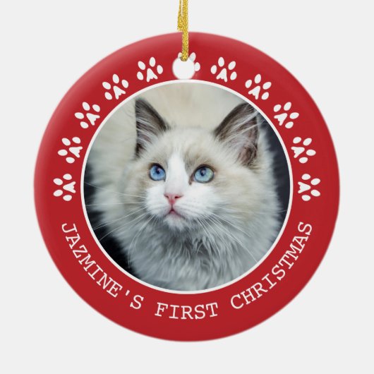 Cute Red Cat Paw Drukt Lijst kerstmis Keramisch Ornament (Achterkant)