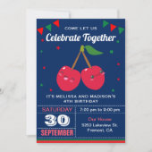 Cute Red Cherries Twins Birthday Party Invitation Kaart (Voorkant)
