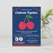 Cute Red Cherries Twins Birthday Party Invitation Kaart (Staand voorkant)