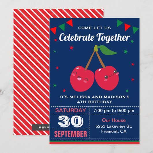 Cute Red Cherries Twins Birthday Party Invitation Kaart (Voorkant / Achterkant)