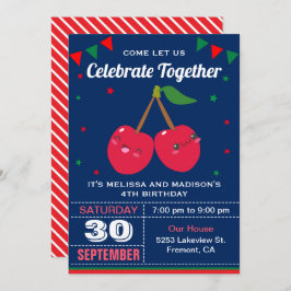 Cute Red Cherries Twins Birthday Party Invitation Kaart