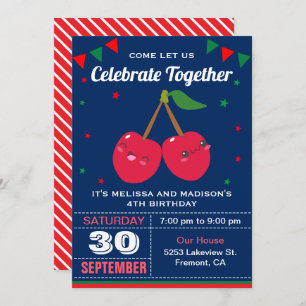 Cute Red Cherries Twins Birthday Party Invitation Kaart