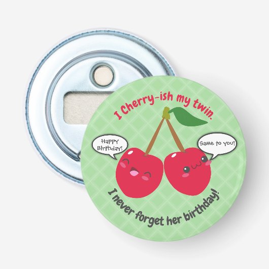 Cute Red Cherry Kawaii Twins Birthday Button Flesopener (Voorkant)