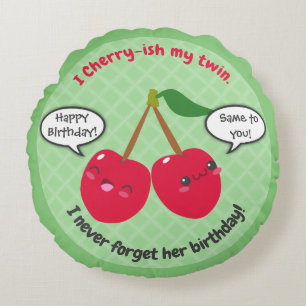 Cute Red Cherry Kawaii Twins Birthday Rond Kussen