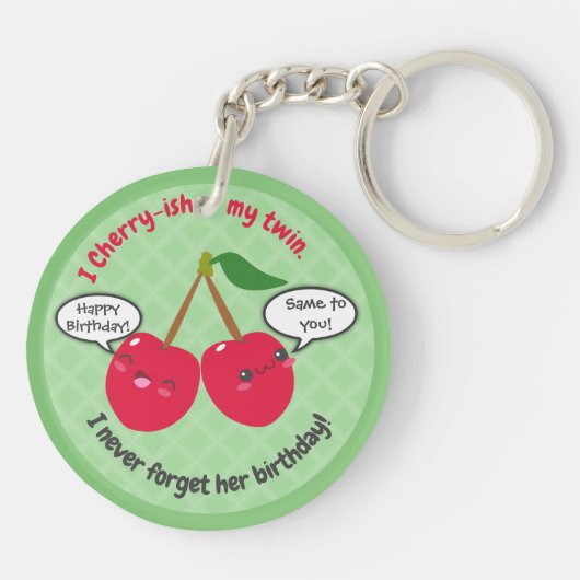 Cute Red Cherry Kawaii Twins Birthday Sleutelhanger (Achterkant)