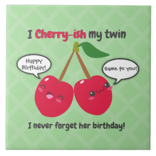 Cute Red Cherry Kawaii Twins Birthday Tegeltje