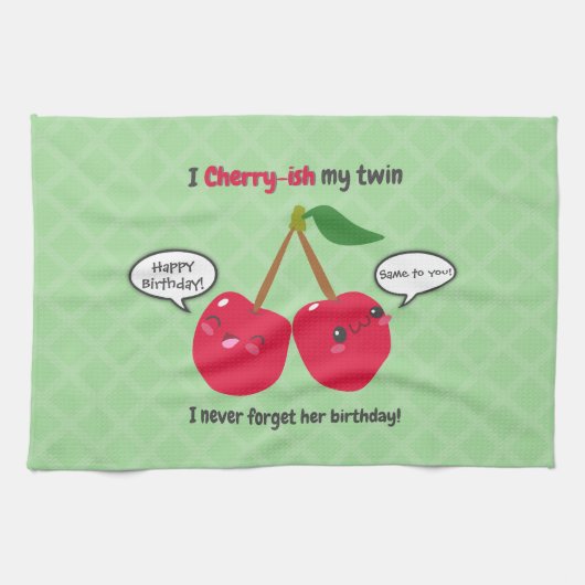 Cute Red Cherry Kawaii Twins Birthday Theedoek (Horizontaal)