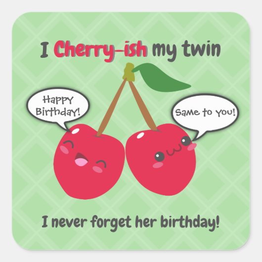 Cute Red Cherry Kawaii Twins Birthday Vierkante Sticker (Voorkant)