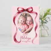 Cute Red Christmas 4 Photo Bow Ribbon  Feestdagenkaart (Staand voorkant)