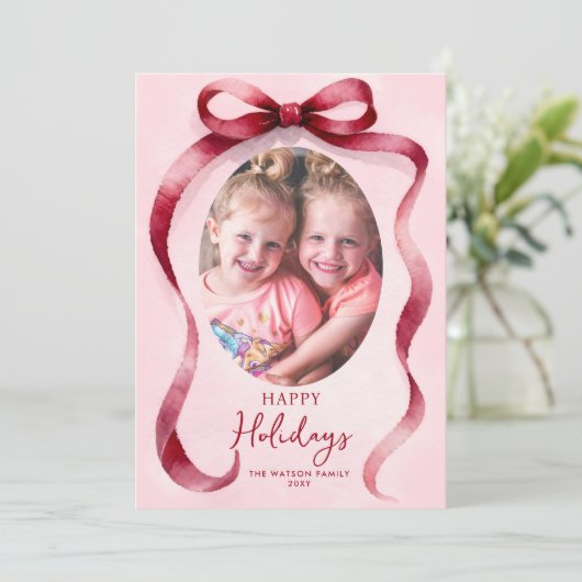 Cute Red Christmas 4 Photo Bow Ribbon  Feestdagenkaart (Staand voorkant)