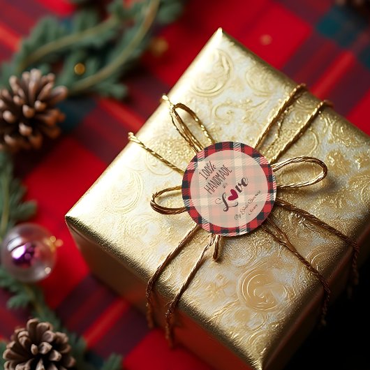 Cute Red Classic Tartan Handmade with Love Quote Ronde Sticker