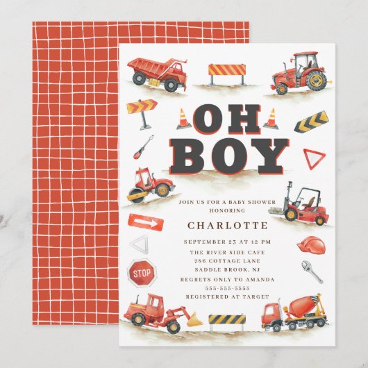 Cute Red Construction Truck Baby shower Kaart (Voorkant / Achterkant)